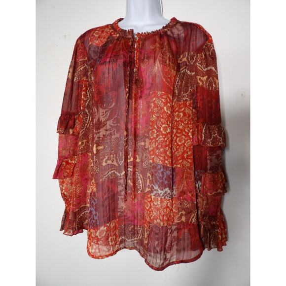 Frye and Co XXL Shirt Top Blouse Sheer Red Ruffle Boho Gauzy Layers Beach Festiv - Picture 1 of 9
